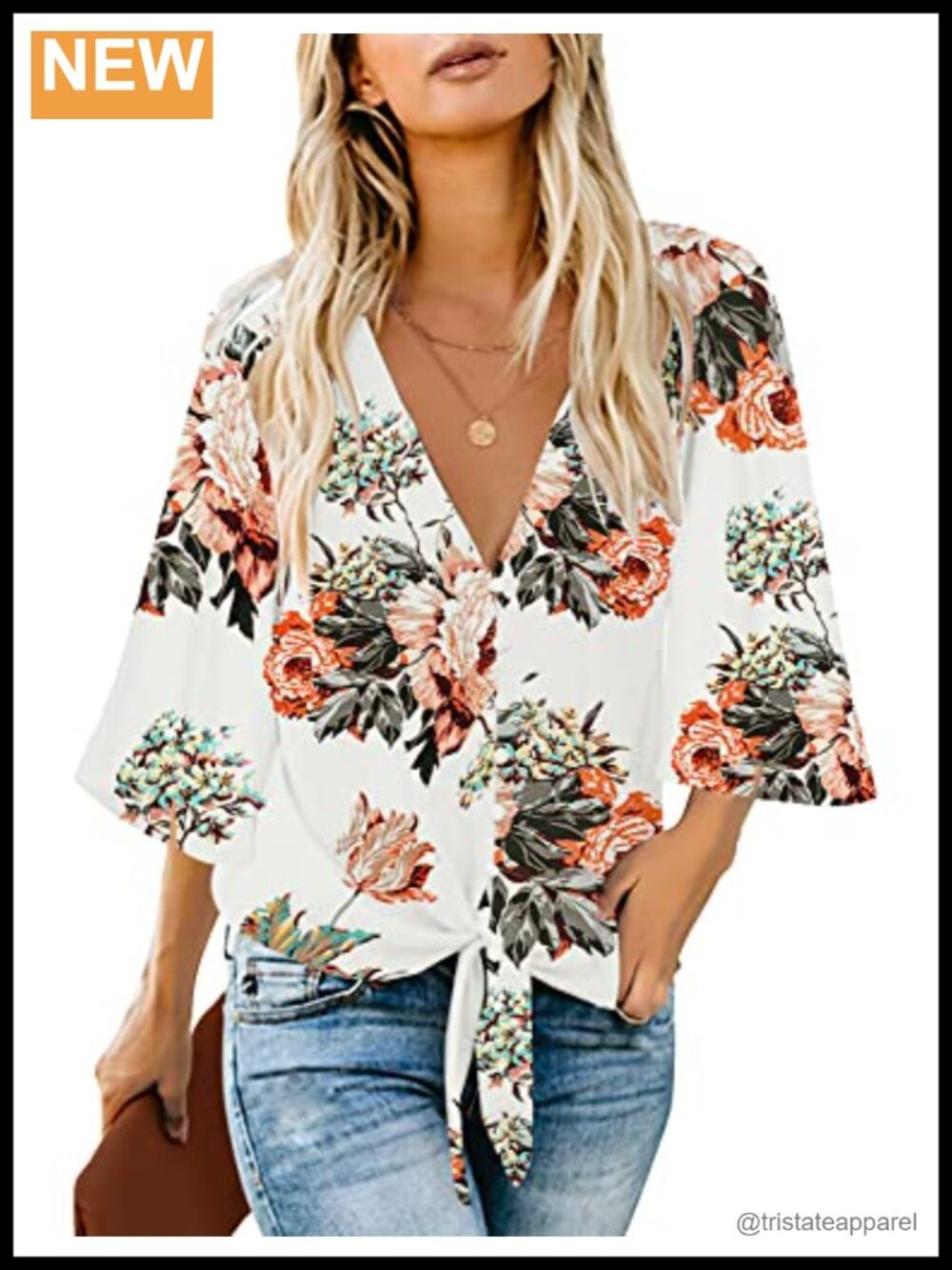 Floral V Neck Women's Blouse Tie Front Bell Sleeve Button Down